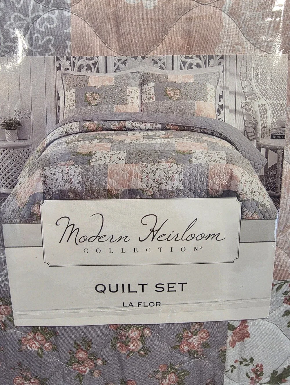 King 3pc La Flor Quilt Set Blush/Gray - Modern Heirloom